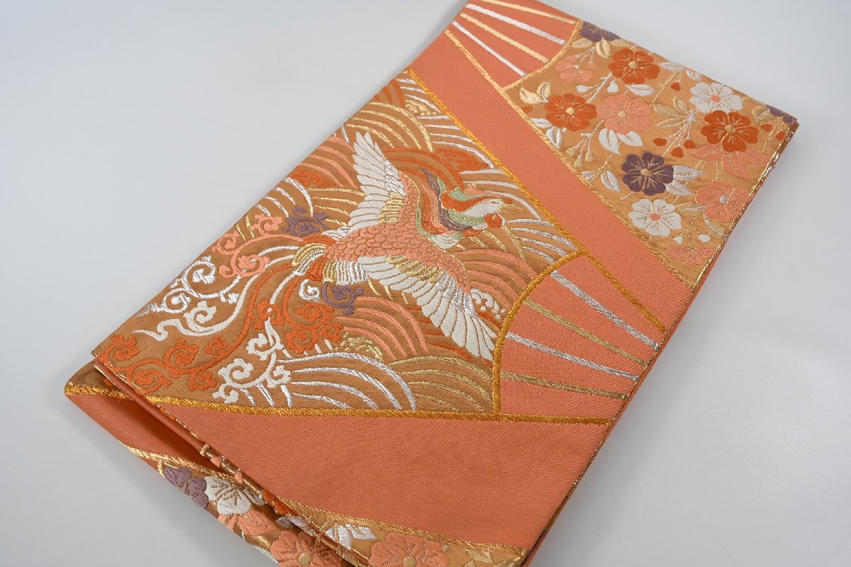袋帯 未仕立て 六通柄 扇子 鶴 花 金糸 帯丈420cm ★着物屋 ne-13622 桜庭呉服店拍卖