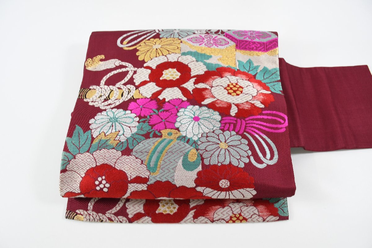 名古屋帯 アンティーク 秋草 花 帯丈324cm ★着物屋 ne-13701 桜庭呉服店拍卖