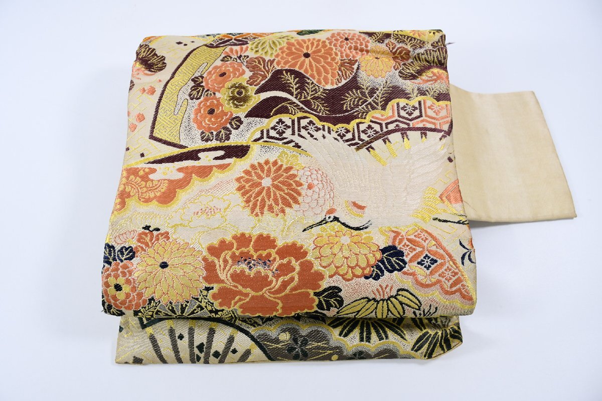 名古屋帯 アンティーク 鶴 扇面 花 帯丈332cm ★着物屋 ne-13754 桜庭呉服店拍卖