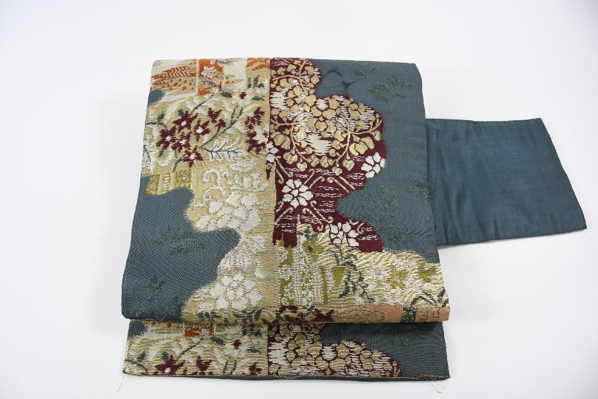 名古屋帯 アンティーク 秋草 雲文 花 帯丈342cm ★着物屋 ne-13865 桜庭呉服店拍卖