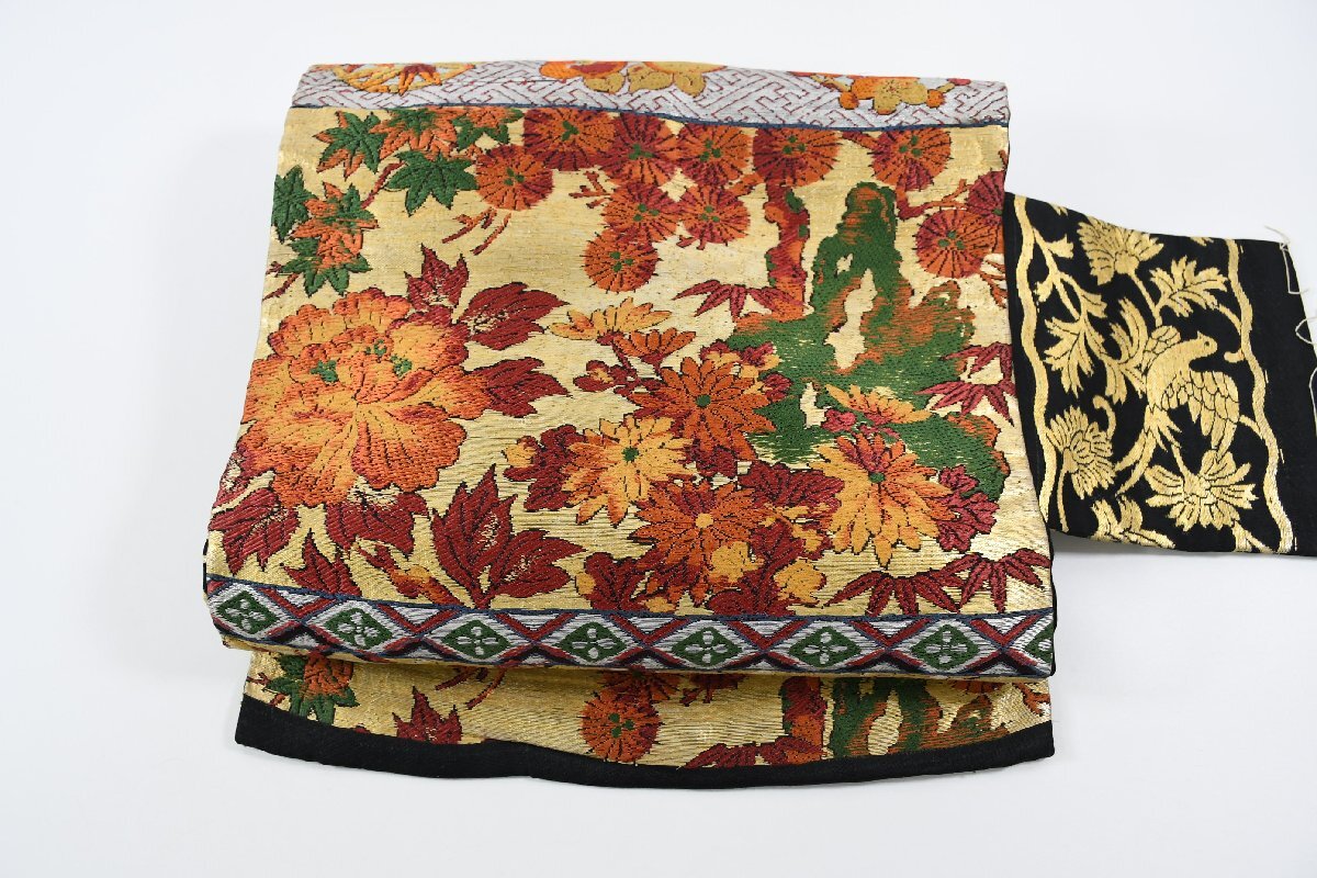 名古屋帯 アンティーク 鳥 秋草 花 帯丈354cm ★着物屋 ne-13877 桜庭呉服店拍卖