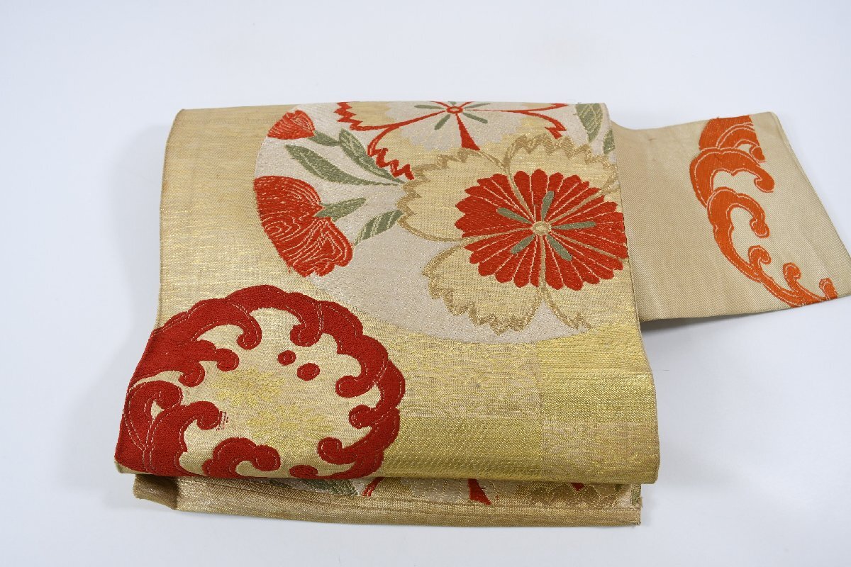 名古屋帯 アンティーク 撫子 花 帯丈330cm ★着物屋 ne-13955 桜庭呉服店拍卖