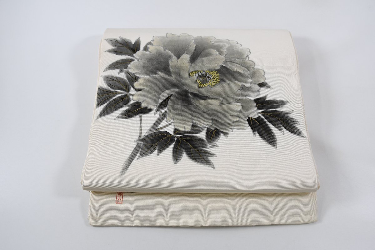 袋名古屋帯 手描き 牡丹 花 帯丈358cm ★着物屋 ne-13972 桜庭呉服店拍卖