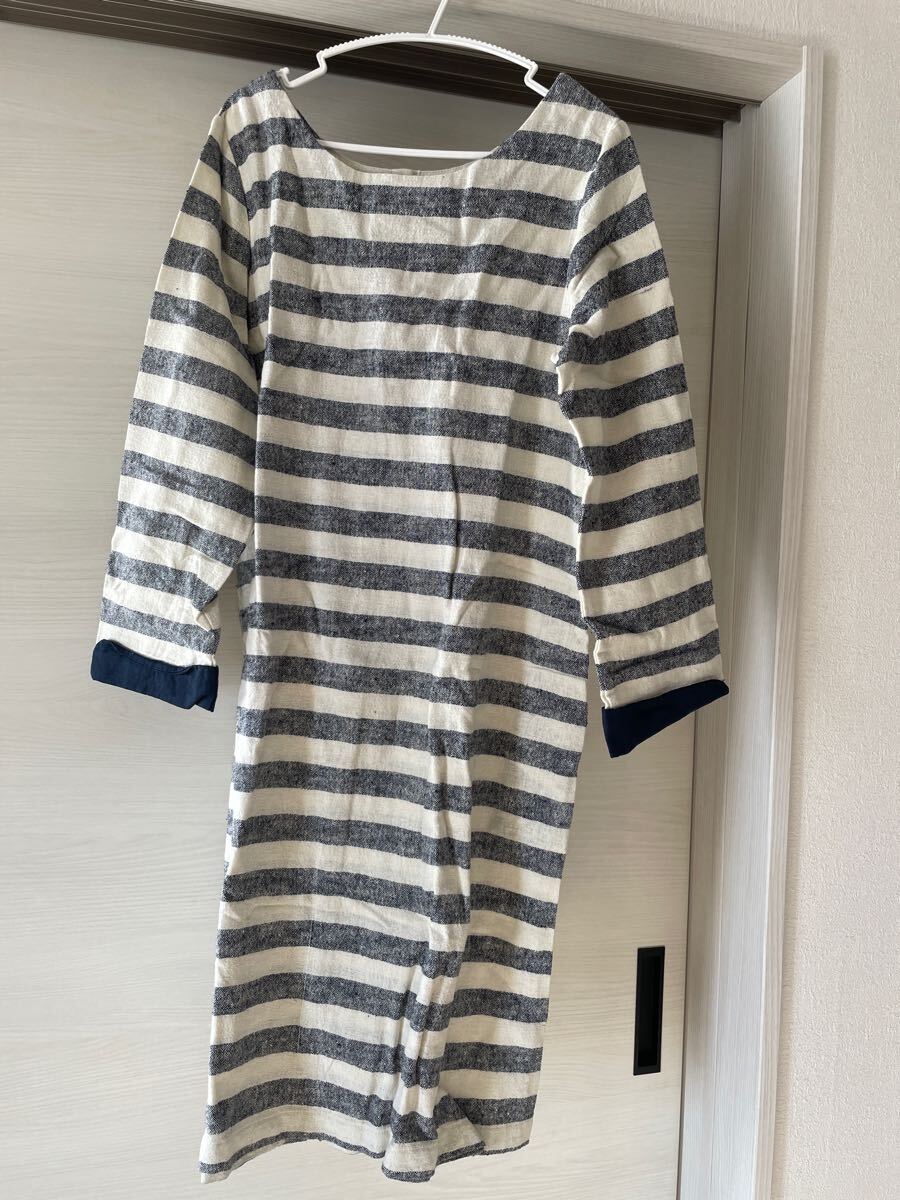 MUMOKUTEKI リネンワンピース Fサイズ ホワイト×ブルー拍卖