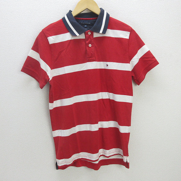 D■トミーヒルフィガー/TOMMY HILFIGER ボーダー柄 ポロシャツ【M】赤/MENS/84【中古】■拍卖