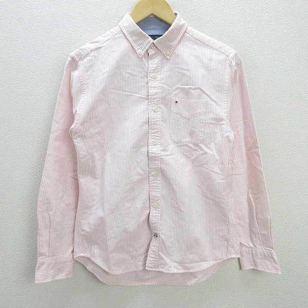 C■トミーヒルフィガー/TOMMY HILFIGER CUSTOM FIT ストライプ柄 ボタンダウン 長袖シャツ【S/P】ピンク/MENS■129【中古】■拍卖