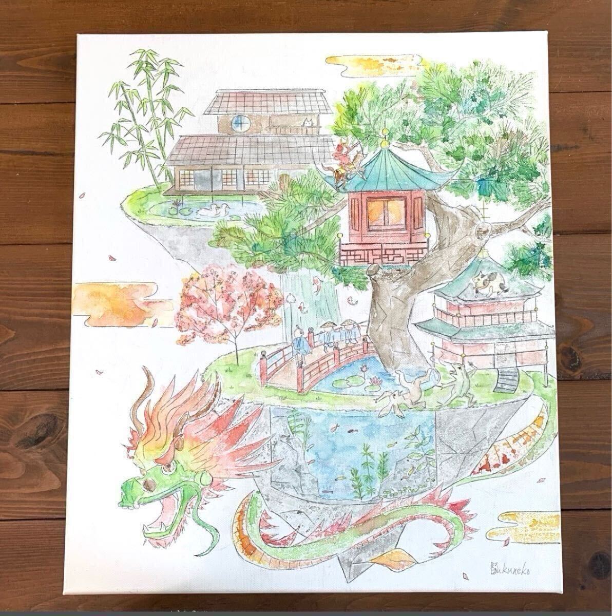 雫猫 nyago 水彩画 真作 空想画 空島 和風 浮島 樹木 紅葉 松 龍 日本 絵画 絵 イラスト 原画 画家 美術 アート インテリア F10 キャンバス拍卖