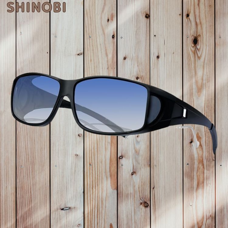 オーバーサングラス メンズ スポーツ メガネの上からかけられる 偏光サングラス オーバーグラス UV400 マトブラック+グラデーションブルー拍卖