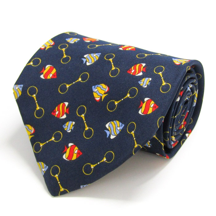 リキエル オム ブランド ネクタイ シルク ビット柄 魚 総柄 ハンドメイド PO メンズ ネイビー RYKIEL HOMME拍卖