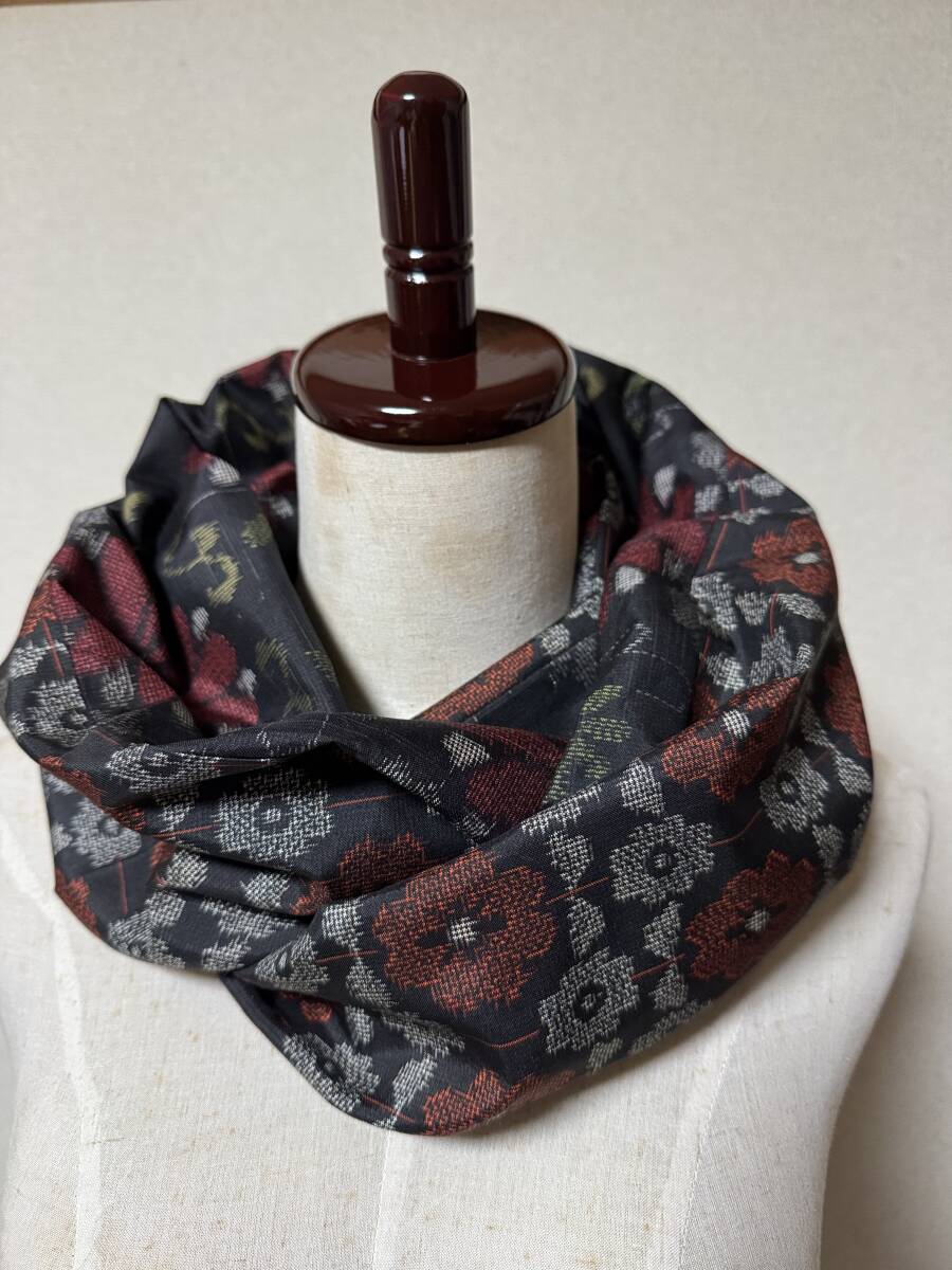 村山大島紬 ダブルスヌード 25.5×148cm 正絹/マフラー 襟巻 ネックウオーマー 絹 ハンドメイド 着物 SILK KIMONO リメイク拍卖