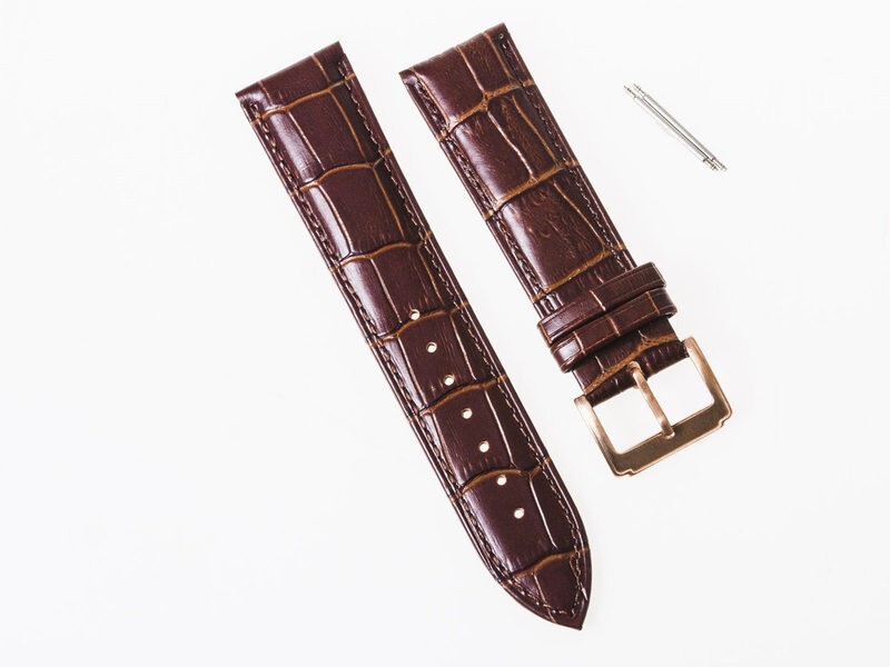 ファッション 男女兼用 腕時計 交換用 本革 ワニ革風仕上げ ベルト バンド 金色尾錠#幅24mm ブラウン拍卖