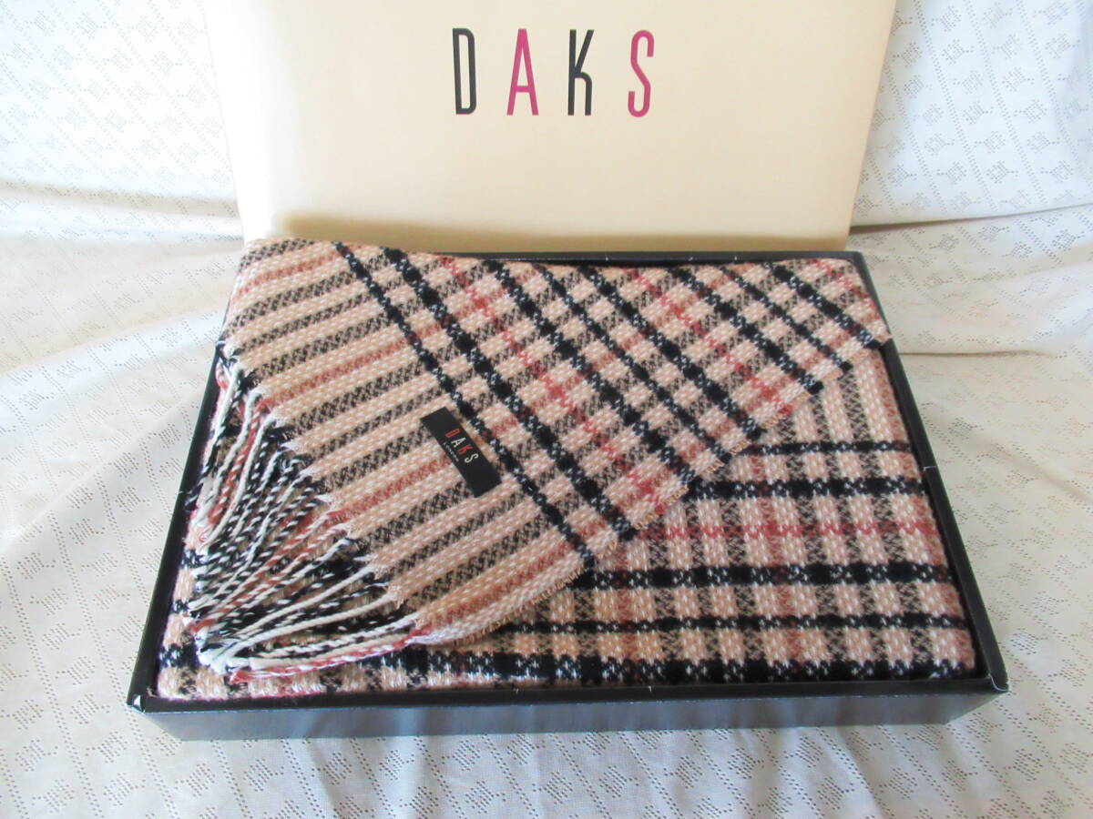 未使用・箱付 DAKS ダックス ウールひざ掛け ブランケット キャメル ブラウン系 チェック 約70×120cm拍卖