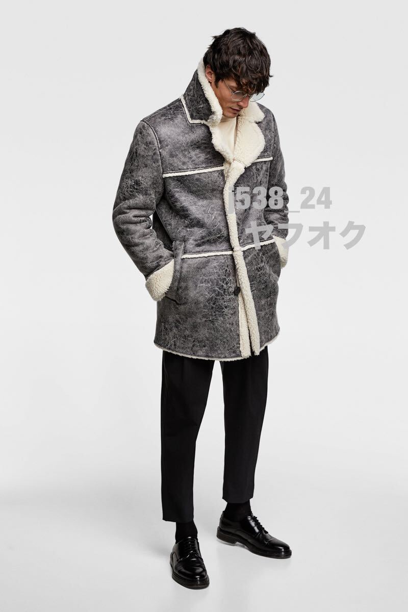 半額以下 ZARA MAN ゆったり 冬用 防寒性抜群 ボア PU レザー M 40 メンズ ジャケット ブルゾン ロング コート グレー拍卖