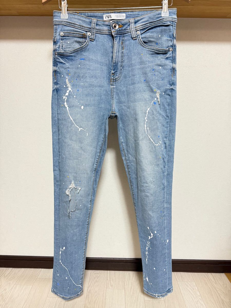 伸縮性抜群 ペイント ZARA MAN ストライプ ウルトラ ストレッチ 送料230円 38 30 スキニー ダメージ デニム パンツ メンズ ジーンズ拍卖