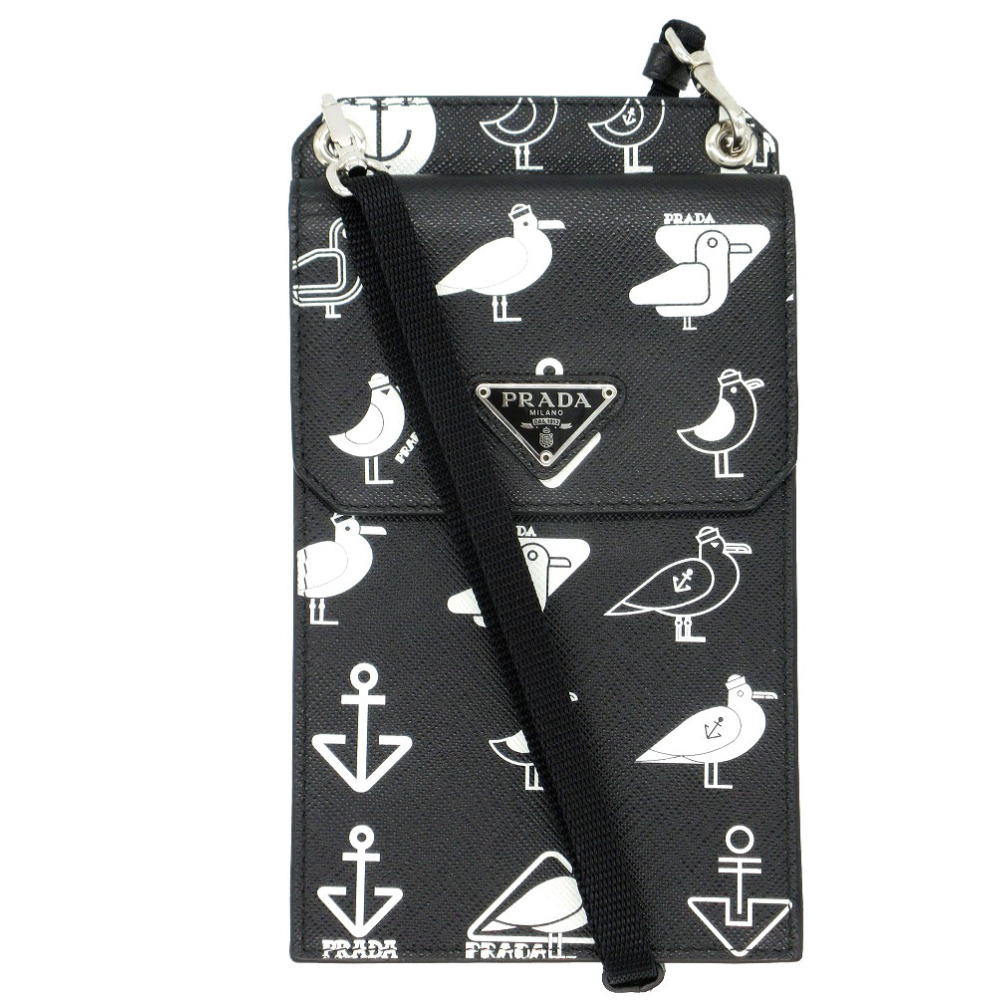 新品同様 プラダ スマホショルダー カモメ 錨 三角プレート ショルダーバッグ レザー/サフィアーノレザー ブラック 黒 0090 PRADA拍卖
