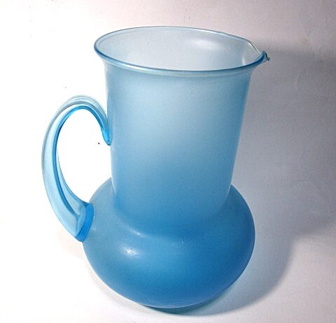 レア 美品★ピッチャー セルリアンブルー フロストガラス ジャグ フラワーベース 花瓶 ハンドメイド デカンタ 一輪挿し 花器 デキャンタ★拍卖