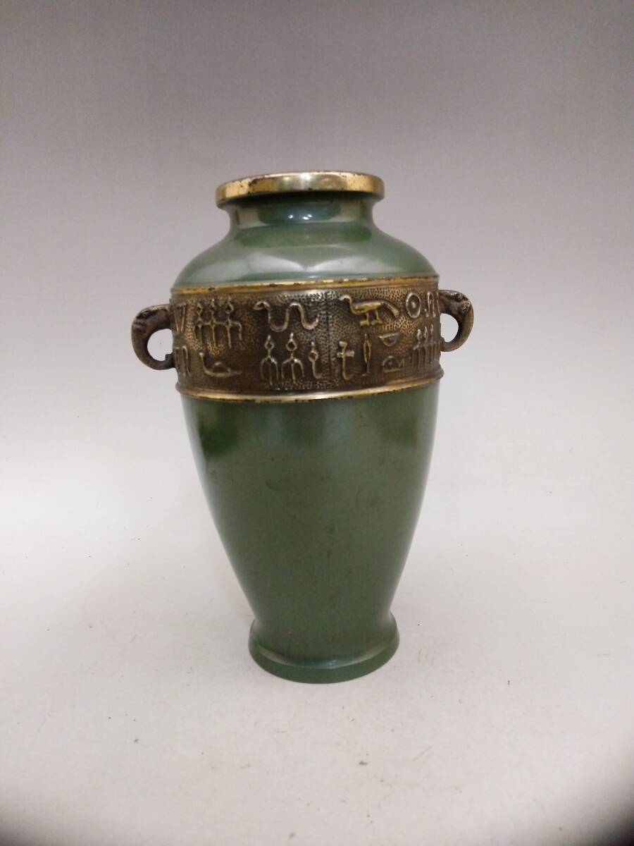 0129-0004 中古★ 花瓶 双耳花瓶 花器 グリーン インテリア 金属工芸拍卖