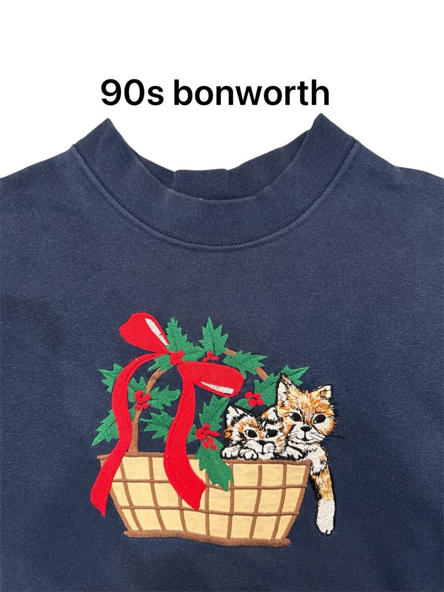 90s 90年代 bonworth 刺繍 レトロ古着 猫 クリスマス ビンテージ スウェット 古着 アメリカ 個性派 cat グランパコア拍卖
