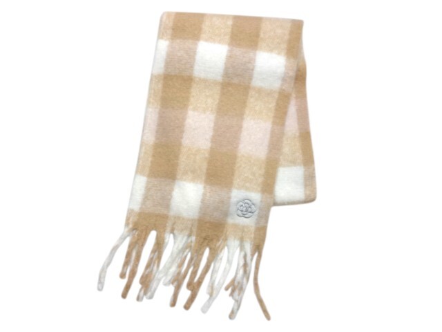 新品未使用 正規品 クレイサス CLATHAS マフラー もこもこ ホワイト カメリア刺繍 チェック柄 厚手 オレンジベージュ拍卖