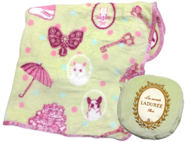 新品未使用 正規品 スクレ・ラデュレ LADUREE 可愛いブランケット ひざ掛け ライムグリーン ケーキ・傘・鍵柄 訳あり拍卖