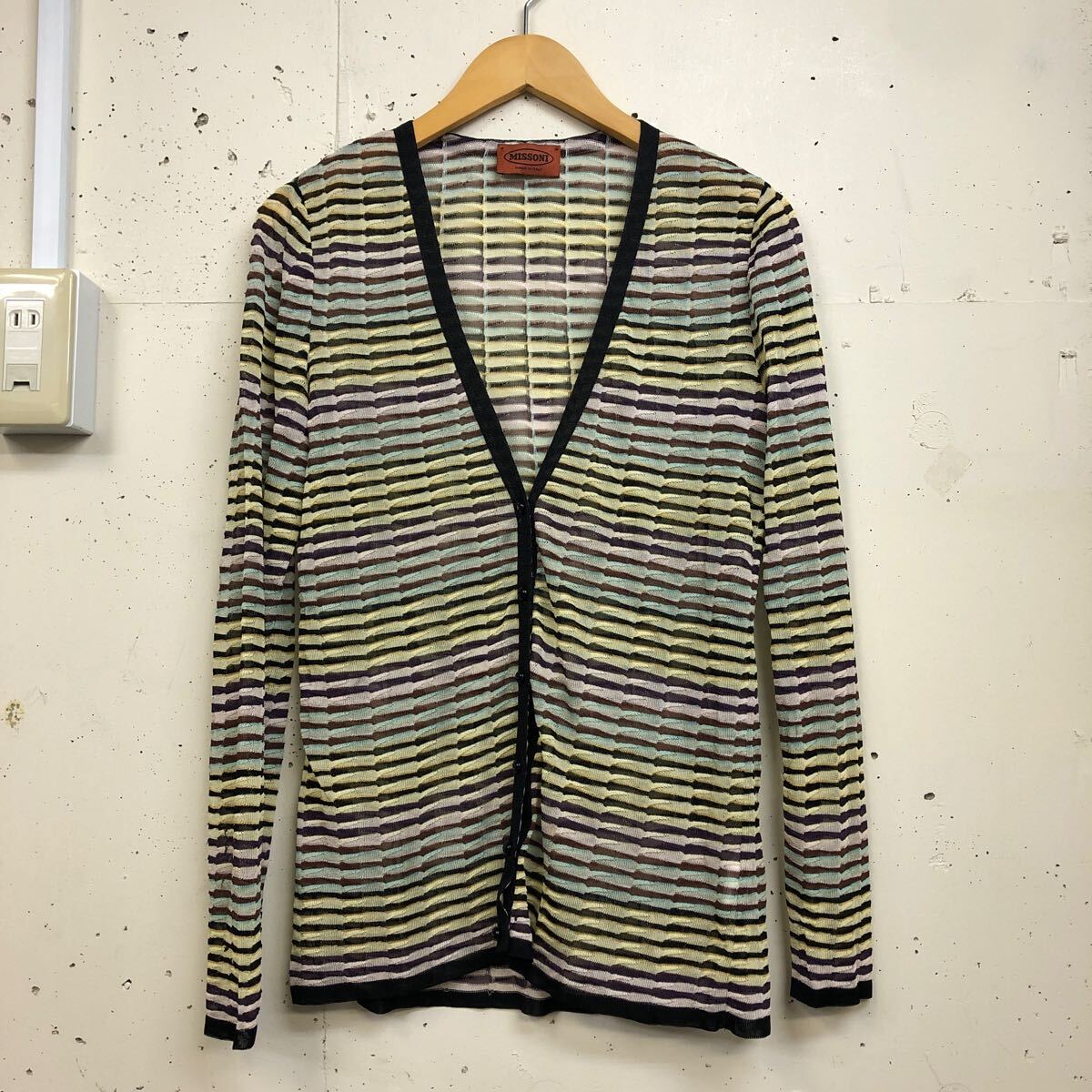 MISSONI ミッソーニ ニット カーディガン 長袖 ボーダー レーヨン イエロー系 イタリア製 サイズ44拍卖