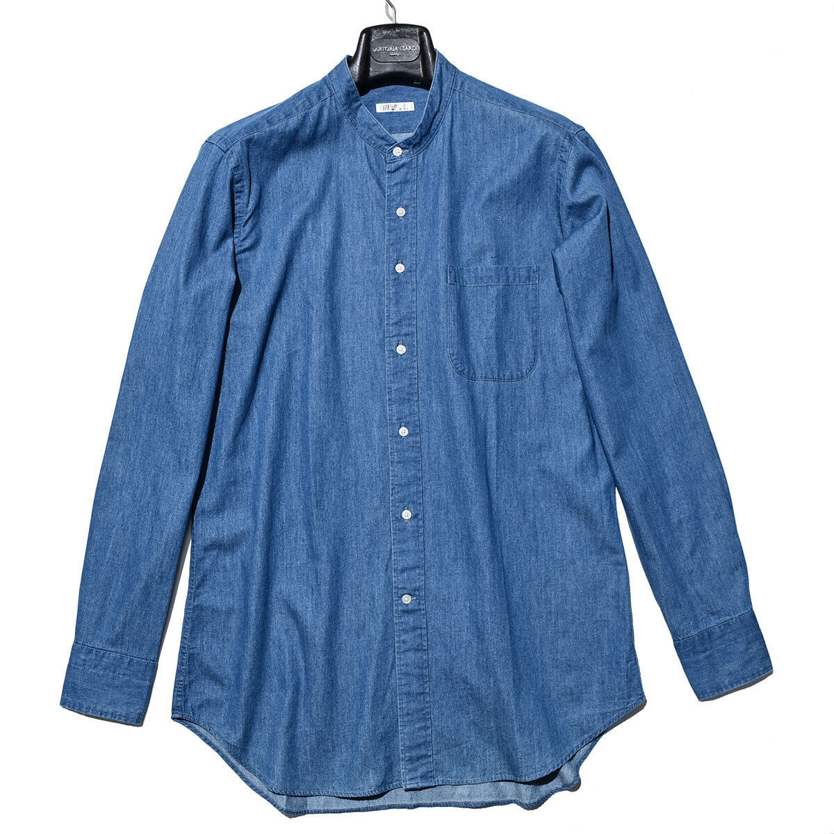 スーツセレクト L/86 ノーカラー デニム シャンブレー シャツ L 86 SUIT SELECT コットン100% インディゴ染め タンガリー拍卖