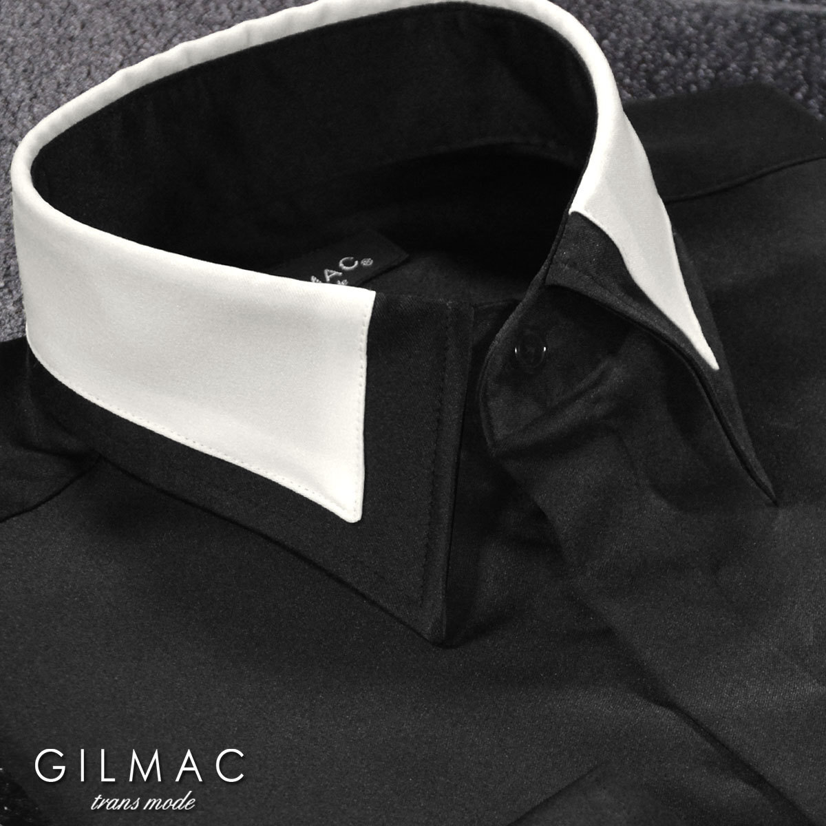 6#36110-2 GILMAC 襟バイカラー切替 レギュラーカラー 比翼前立て 無地 ドレスシャツ メンズ(ブラック黒) S フォーマル きれいめ お洒落拍卖