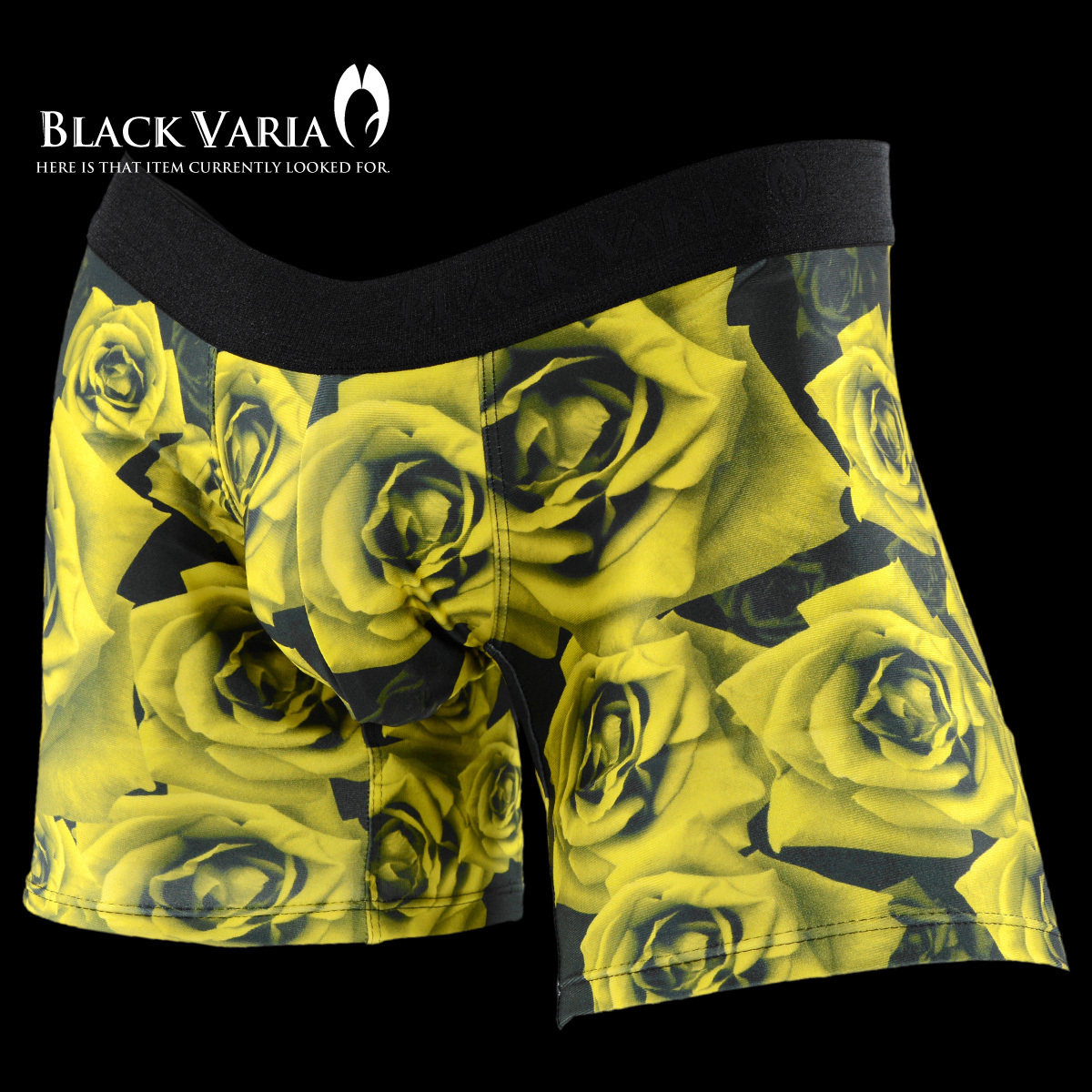 ♂uw084b-go ブラックバリア ボクサーパンツ 薔薇 バラ 花柄 メンズ 下着(イエロー黄ブラック黒) S 吸水速乾 ストレッチ アンダーウェア拍卖