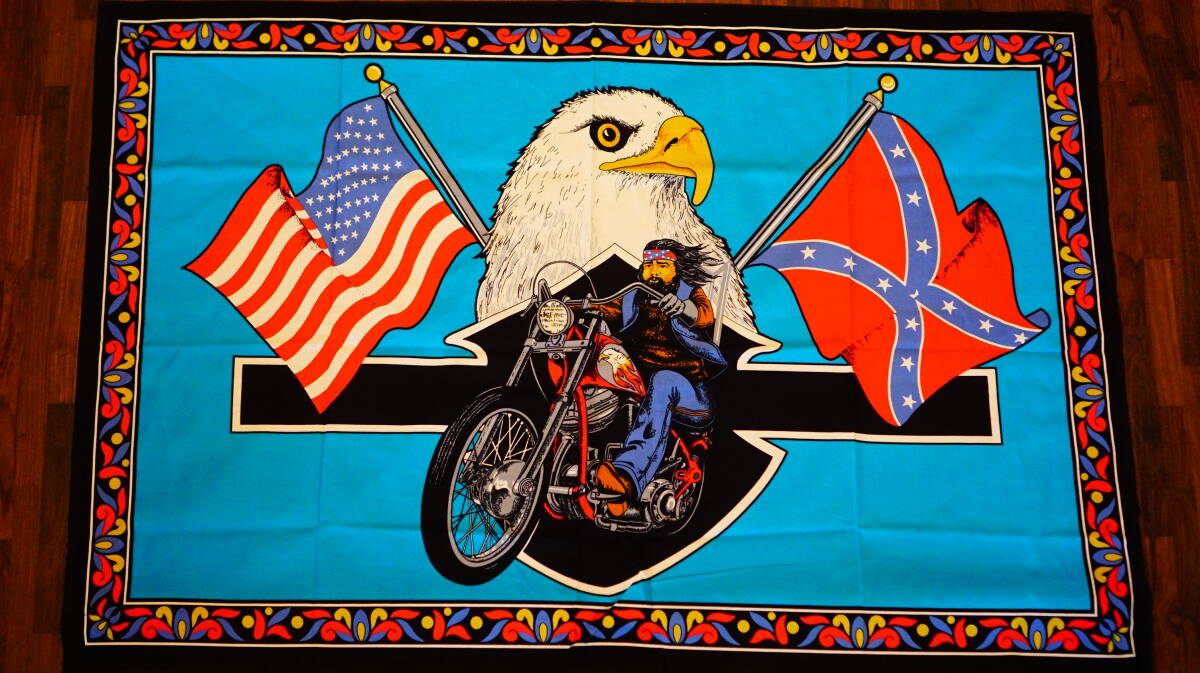 ヴィンテージ タペストリー バイカー 南軍旗 鷲 DAVID MANN CHOPPER ガレージ インテリア 当時物 USA HARLEY DAVIDSON拍卖