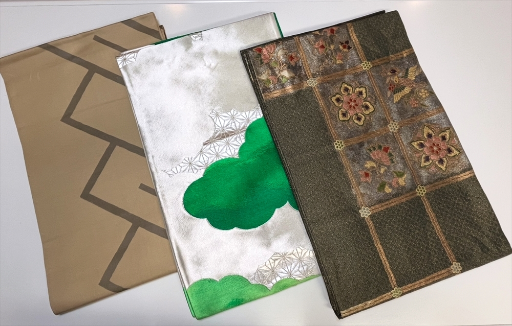 花とら●リサイクル帯 袋帯 3本まとめて 紹巴 幾何柄 雲取り 緑 錦織 市松 格天井風 宝相華唐草 250101拍卖