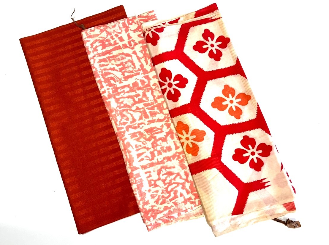 花とら●リサイクル端切れ 3枚まとめて 橙 亀甲 ピンクモダン リメイク 素材 細工用 250103拍卖