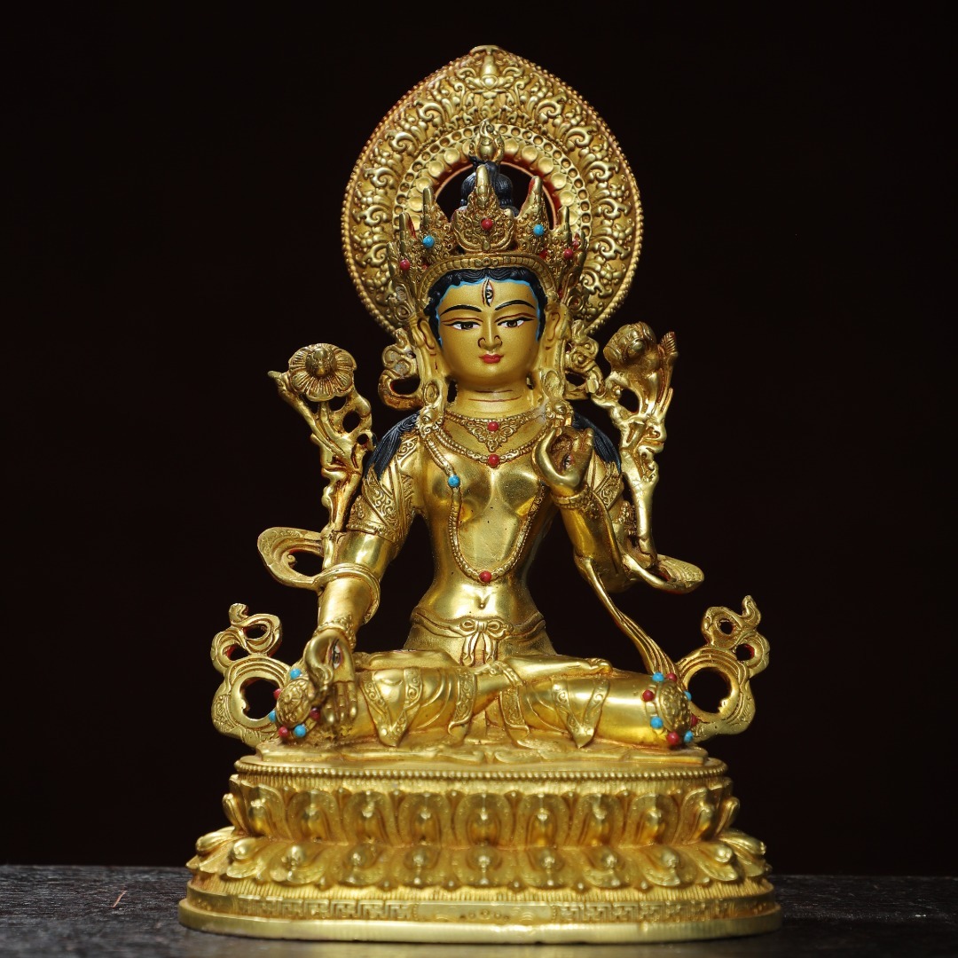 *珍品旧蔵* 清代 銅塗銀 描彩 【白度母】 仏像 置物 細密彫 唐物 時代物 古賞物 中国古玩 k0108拍卖