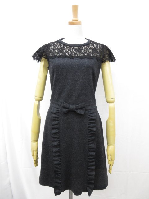未使用【レッドヴァレンティノ】FRCNA520-VN0178R レース切替 リボン×フリル装飾 ウールワンピース (レディース) S グレー系 ◯17LO3529◯拍卖