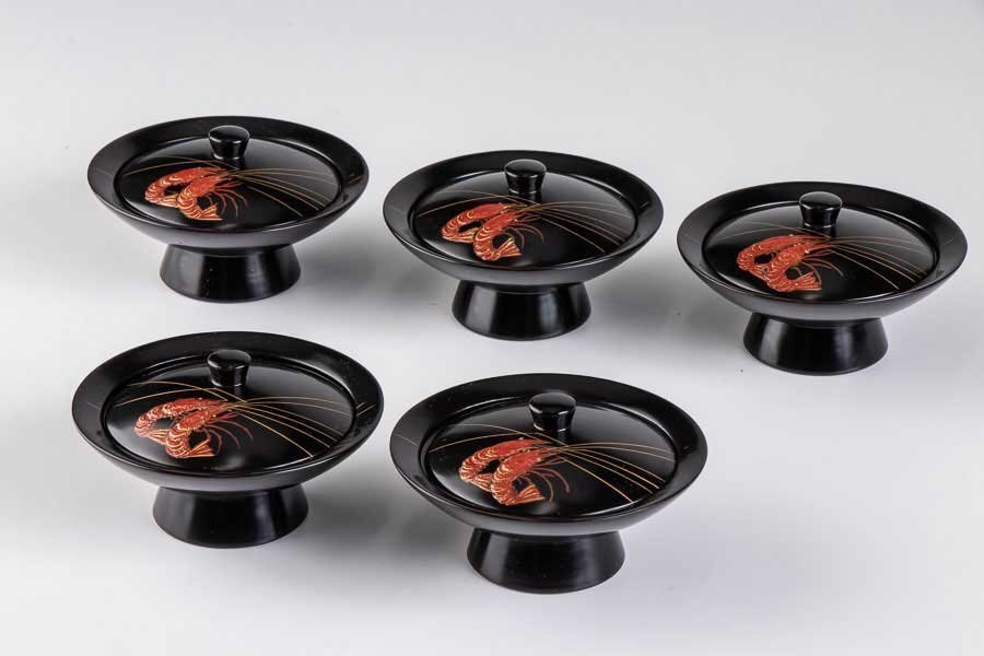 【漆芸】『 木地漆 海老蒔絵椀 5客 16072 』 料亭 日本料理 懐石 会席 和食器 漆器 漆芸 汁物椀 煮物椀 高級 先付拍卖