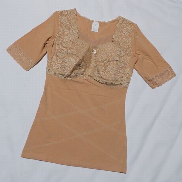 Last パワーネット 3L お腹背引き締めサポートソフトカップ 5分袖インナー 綿ストレッチ ベージュ 大きいサイズ拍卖