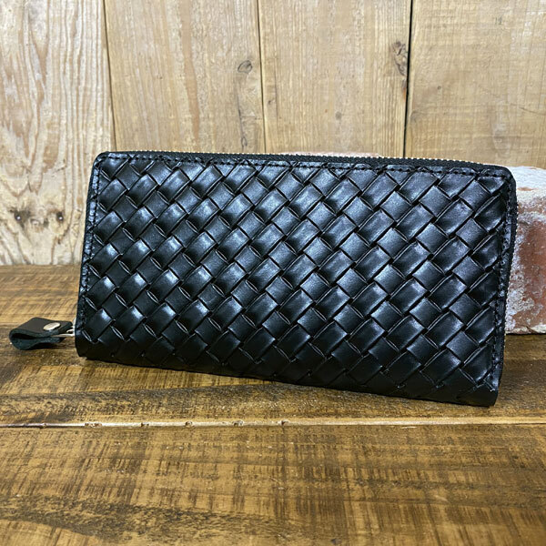 ラウンドファスナー ロングウォレット 長財布 メッシュ バスケット 型押し革 手作り レザー 革 ハンドメイド 牛革 ブラック拍卖