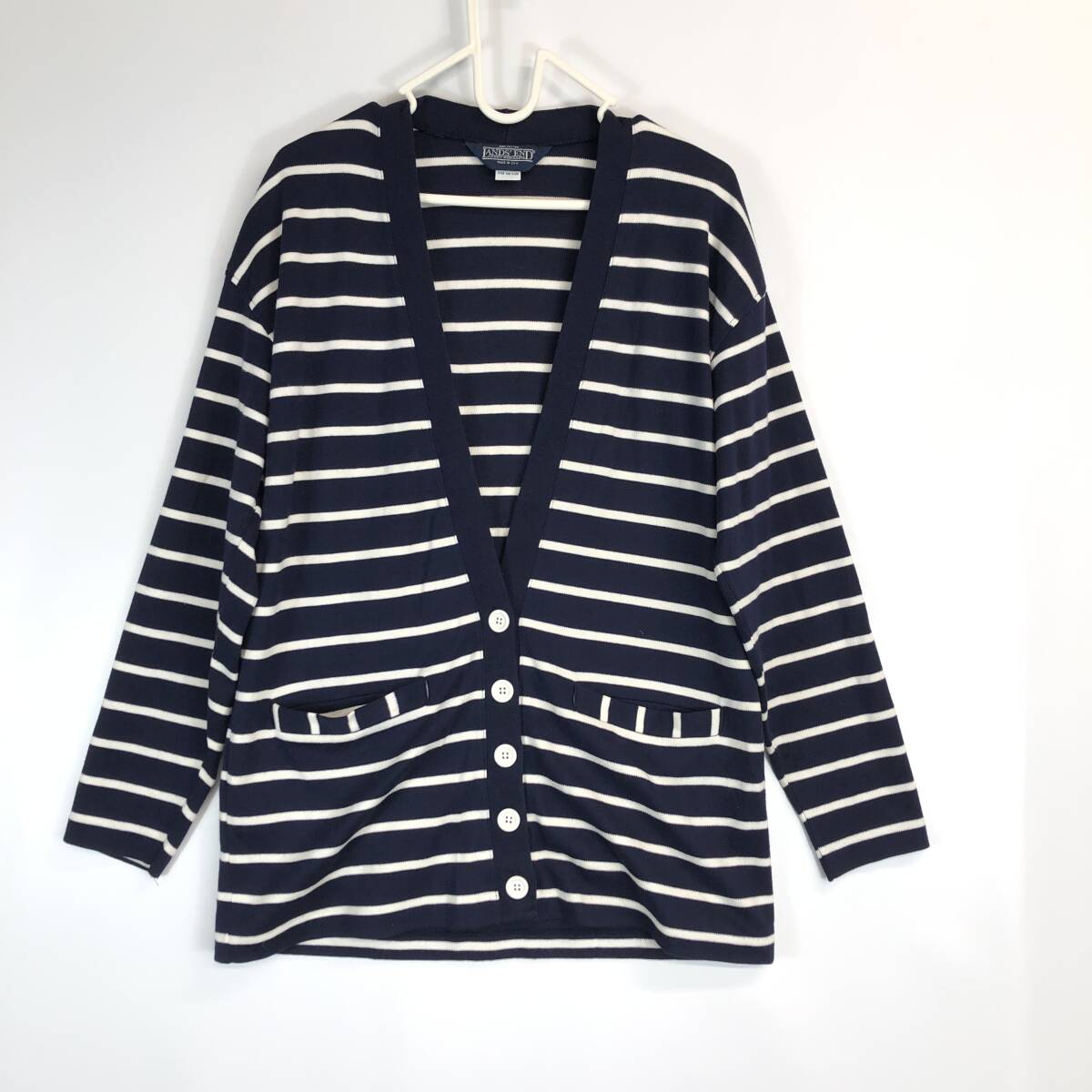 90s USA製 ランズエンド(LAND'S END) コットンカーディガン ボーダー ネイビー ホワイト レディースSサイズ拍卖