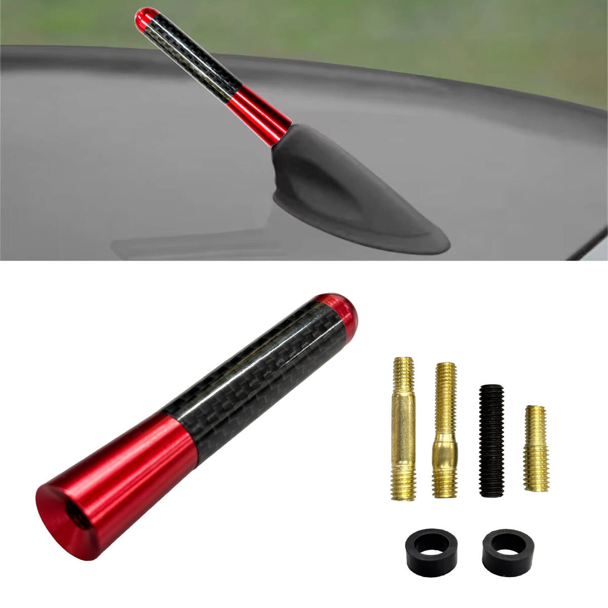 即日発送 汎用 リアルカーボン ショートアンテナ 8cm レッドアルマイト 5mm/6mm 取付アダプター付属 ネジ式 カーボンアンテナ 【赤/8】拍卖