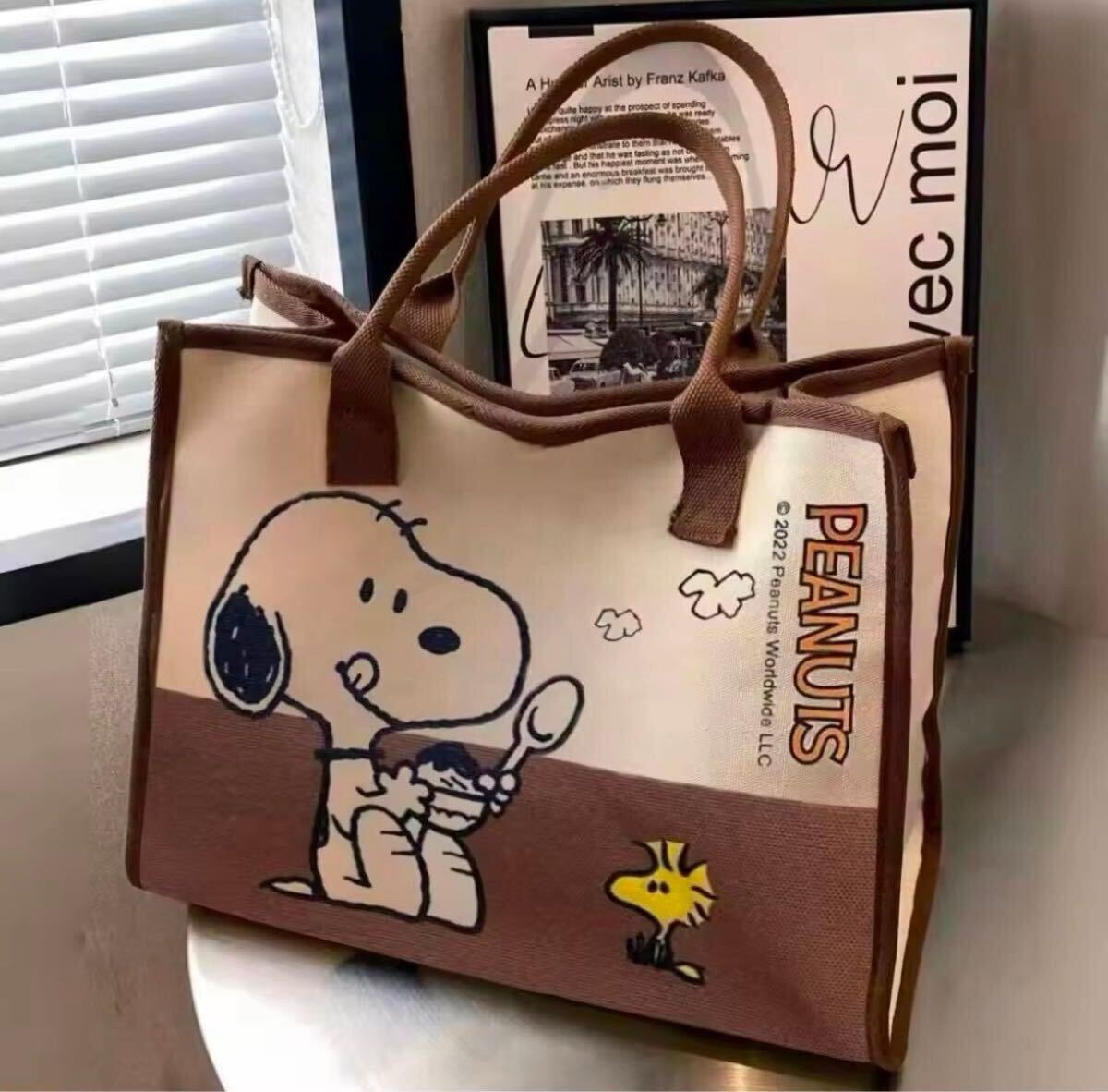 【新品未使用】SNOOPY スヌーピー トートバッグ バッグ ブラウン 片面プリント 大容量拍卖