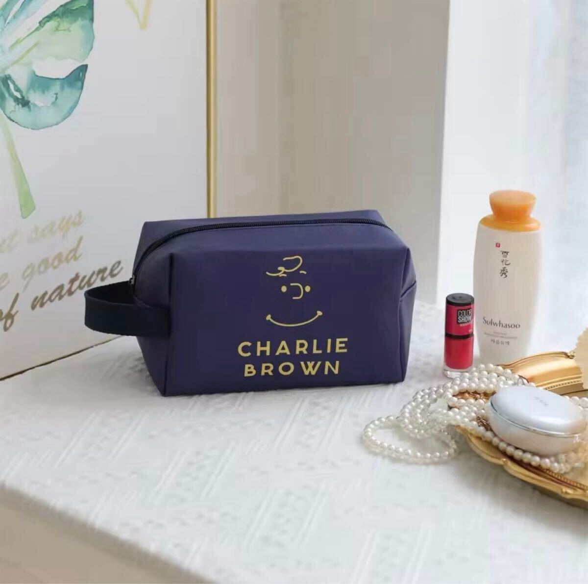 【新品未使用】SNOOPY スヌーピー チャーリーブラウン スマイル ネイビー ポーチ 大容量 持ち手あり拍卖