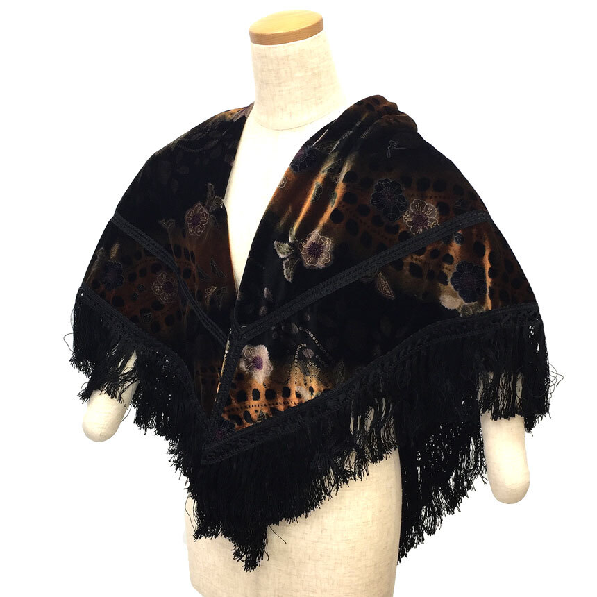 京やR156 着物用ショール 和装ストール 振袖 訪問着 小紋 色無地 紬 ショール 辻が花文様 ベロア フリンジ付き 超大判ストール拍卖