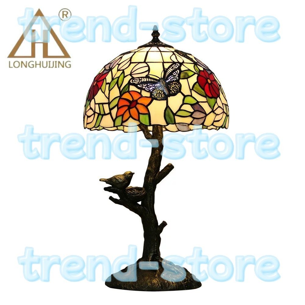 ステンドランプ 蝶 花柄 照明 ステンドグラス レトロな雰囲気 ティファニー技法 デスクライト室内装飾拍卖