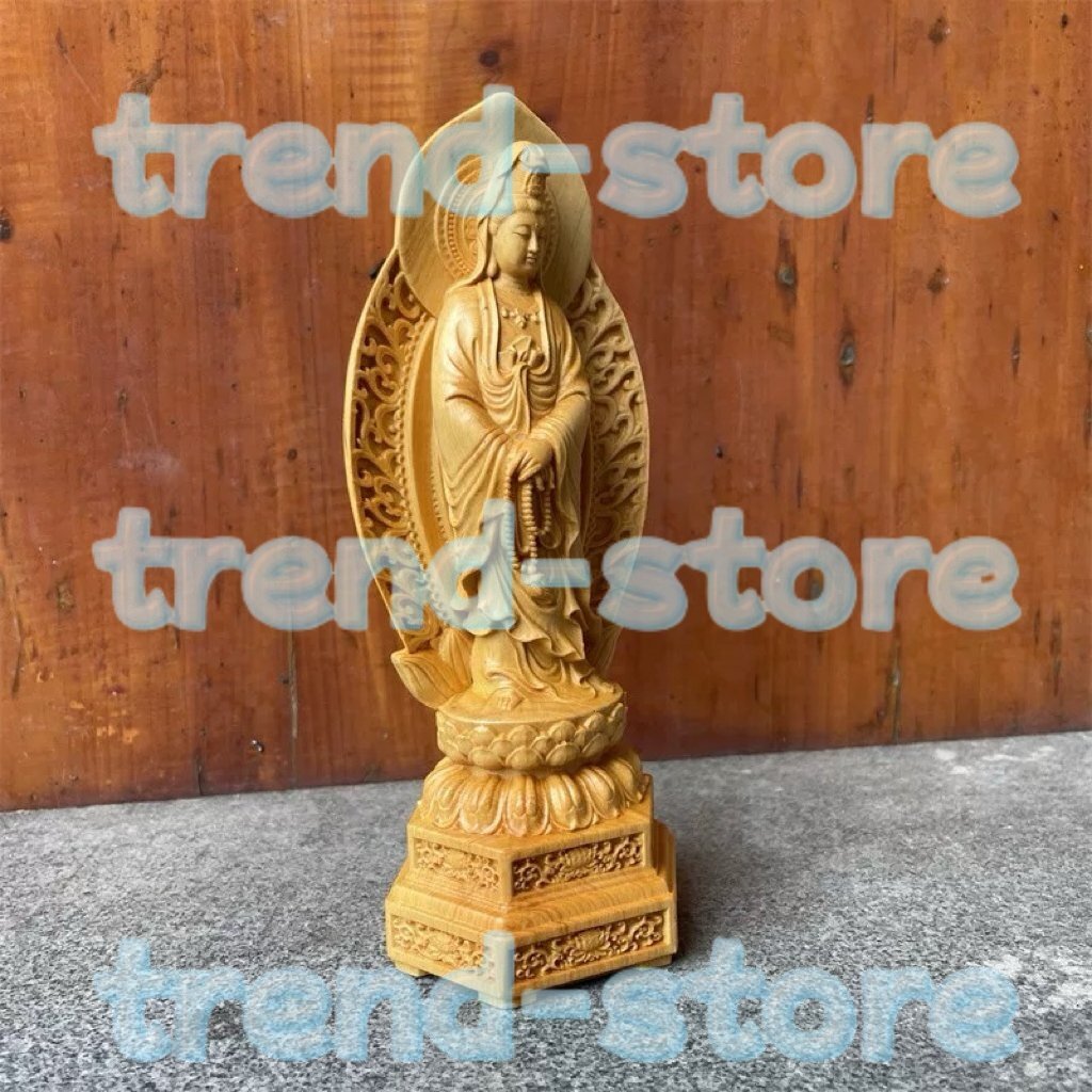 仏教工芸品 木彫仏像 観音菩薩 立像 置物 総柘植材 精密彫刻 木彫仏教拍卖