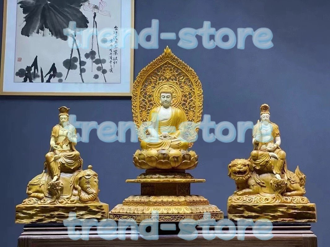 新作 釈迦如来三尊像 (文殊菩薩 釈迦如来 普賢菩薩)香樟材 仏教工芸品 木彫仏教 精密彫刻 仏師で仕上げ品 高88cm拍卖