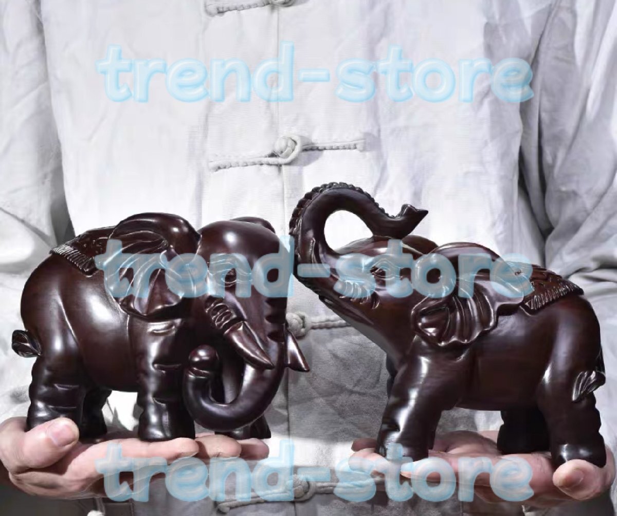 緑起物 象 象の木彫り 象の置物 2体セット拍卖