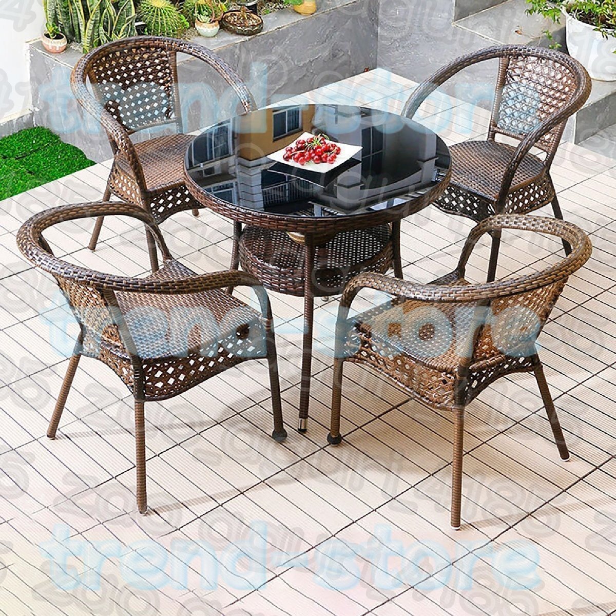 庭 テーブルセット ラタン調ガーデンテーブルセット ガーデン家具 ガーデンテーブル椅子 ガーデンテーブル椅子セット (4椅+80*80*72cm)拍卖