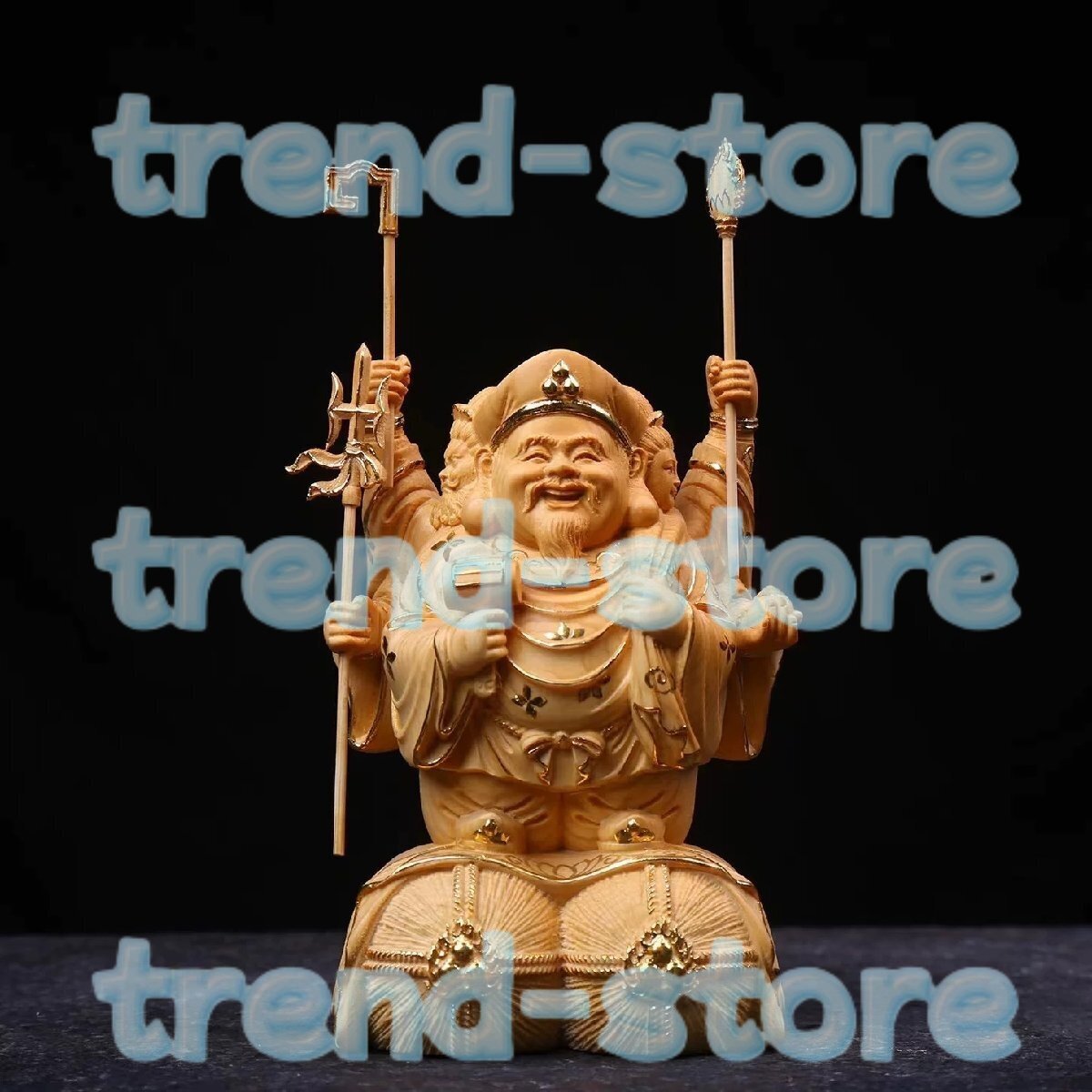 仏教工芸品 木彫り 七福神 三面大黒天 大黒天 大黒様 縁起物 縁起置物 工芸品 贈り物 切金 本金拍卖