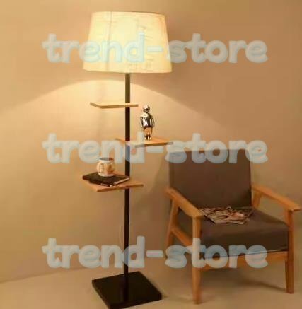 フロアライト スタンドライト 間接照明 3つの木製の棚が付いている現代鉄のフロアランプ居間の寝室のベッドサイドランプフロアライト拍卖