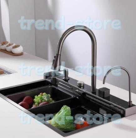 品質保証☆★単碗滝式水槽多機能単碗キッチンワークステーション水槽滝式引下げ蛇口と付属品セット拍卖