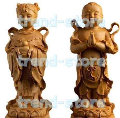 善財童子 木彫り2体セット 高級天然ツゲ木彫り 高さ15cm 置物 招福 開運 幸運 金運 風水 厄除け拍卖